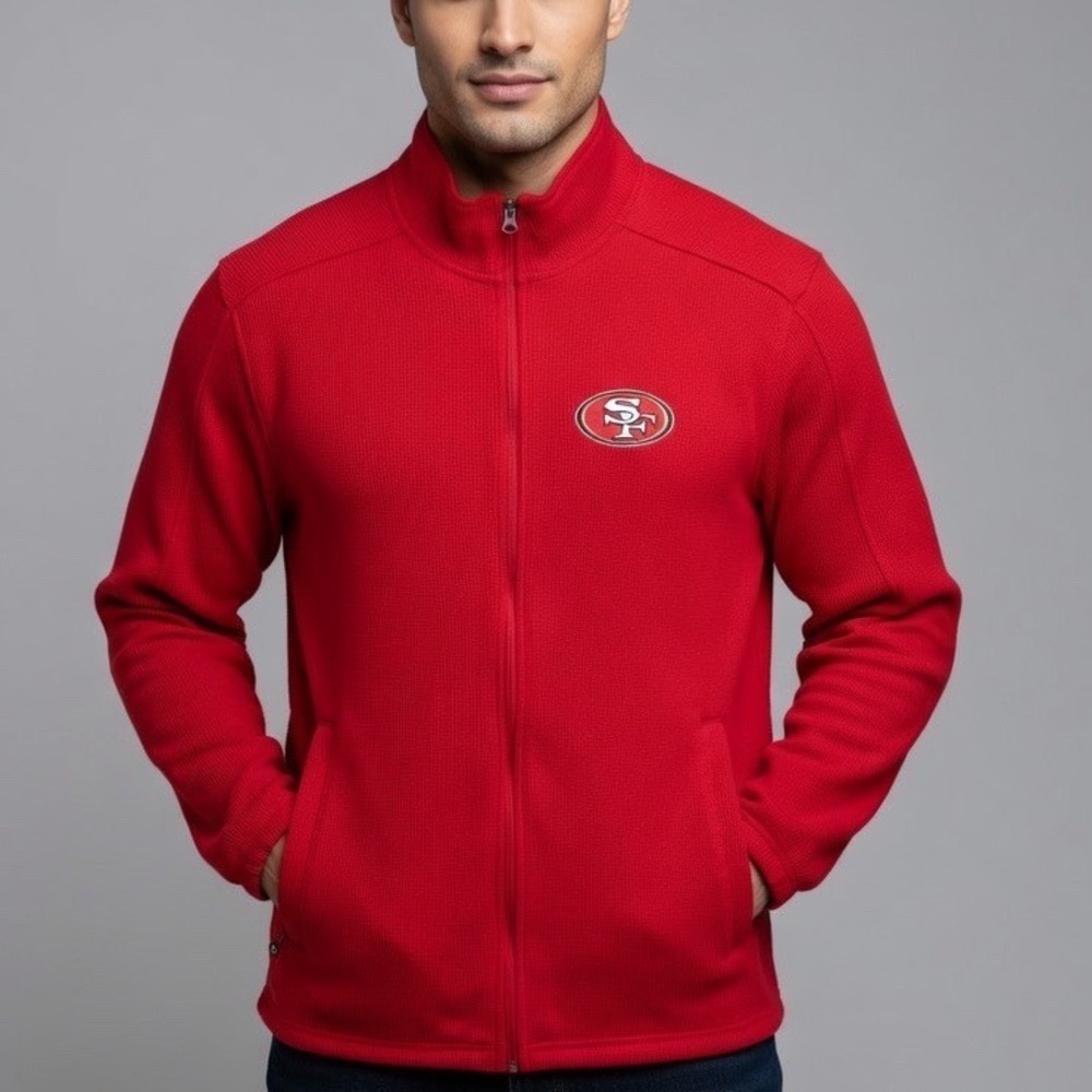 NFL San Francisco 49ers Full Zip Jacket Mens XXL Red Waffle Knit Mock Neck‎ SF